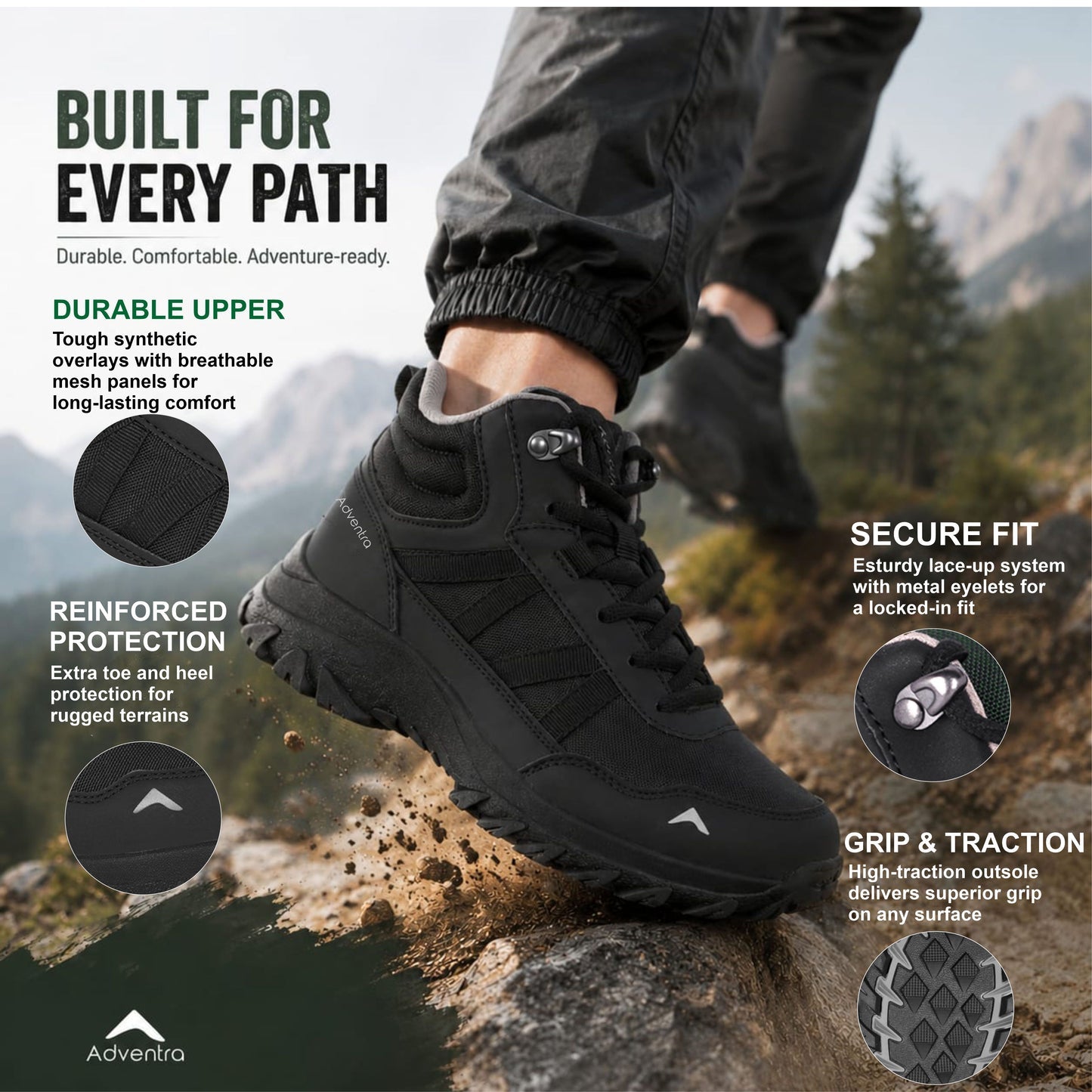 Adventra Men Mid-Top Hiking Shoes with Anti-Skid Full Rubber Sole (EH900)