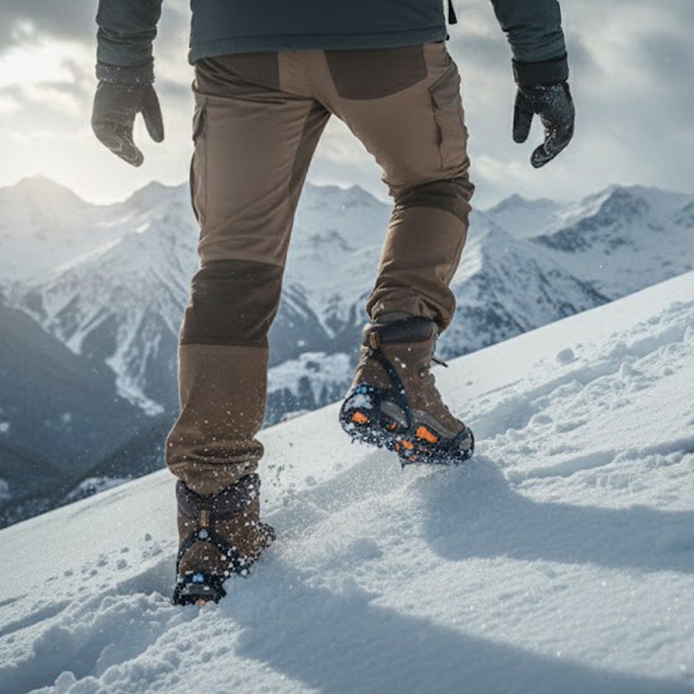 Person wearing snowshoes on a snowy mountain landscape