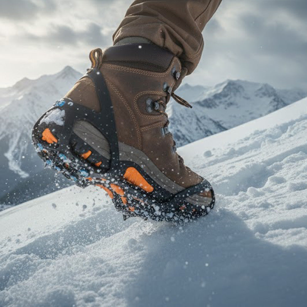 nordic ice grip snow shoe grip shown in use on snow