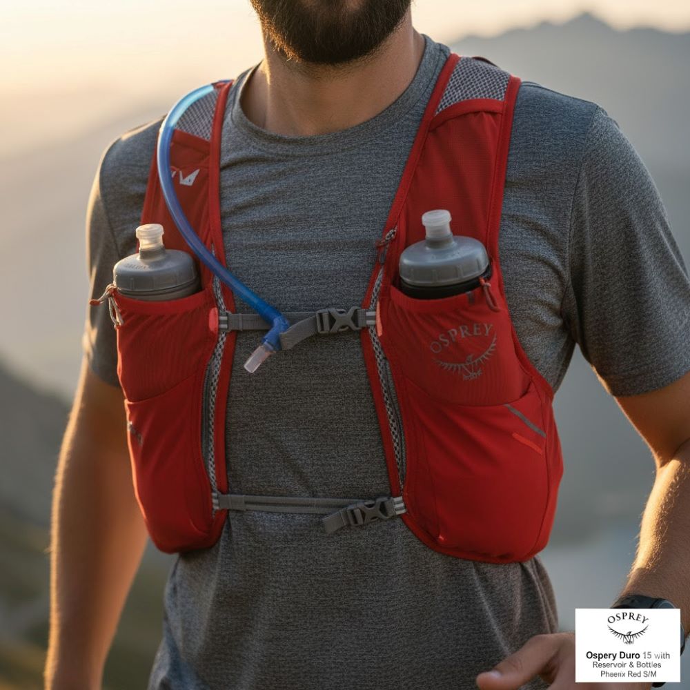 Osprey Duro 15 with reservoir and bottles Phoenix Red S/M