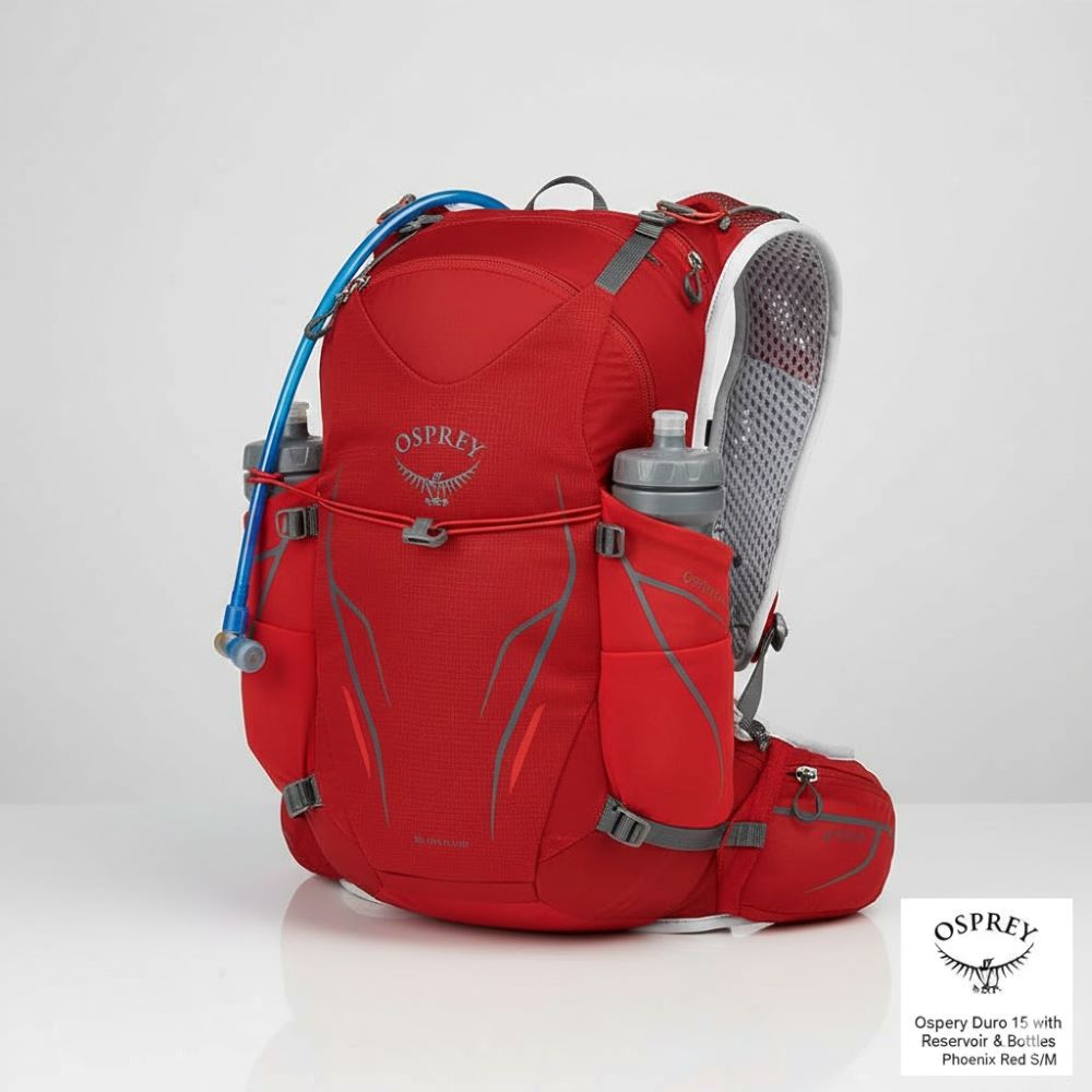 Osprey Duro 15 with reservoir and bottles Phoenix Red S/M