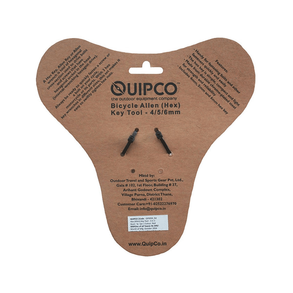 Quipco Bicycle Allen (Hex) Key Tool - 4/5/6mm