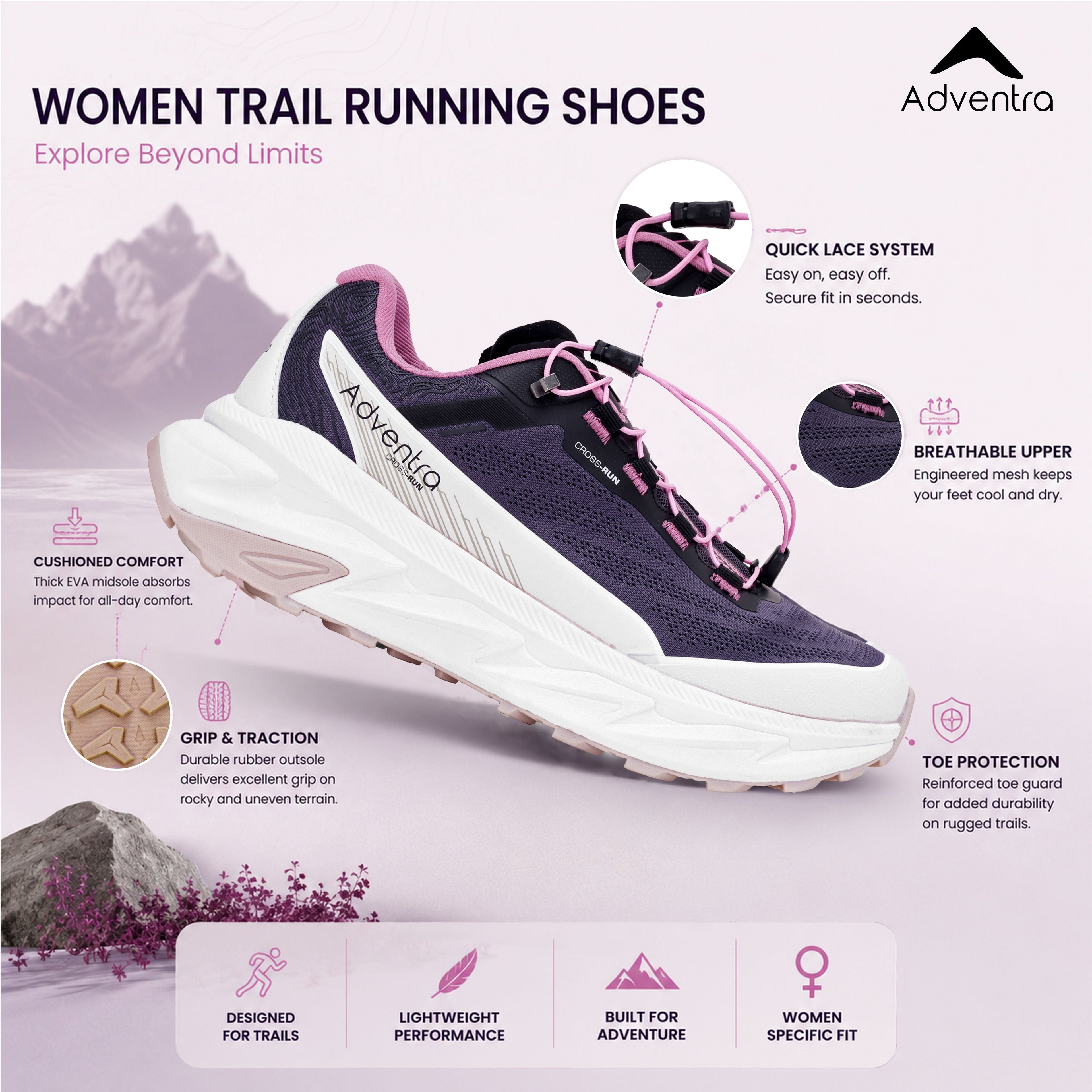 Women Trail Running Ultra Grip Lightweight Sports Shoes (TR2012) Grey-Pink