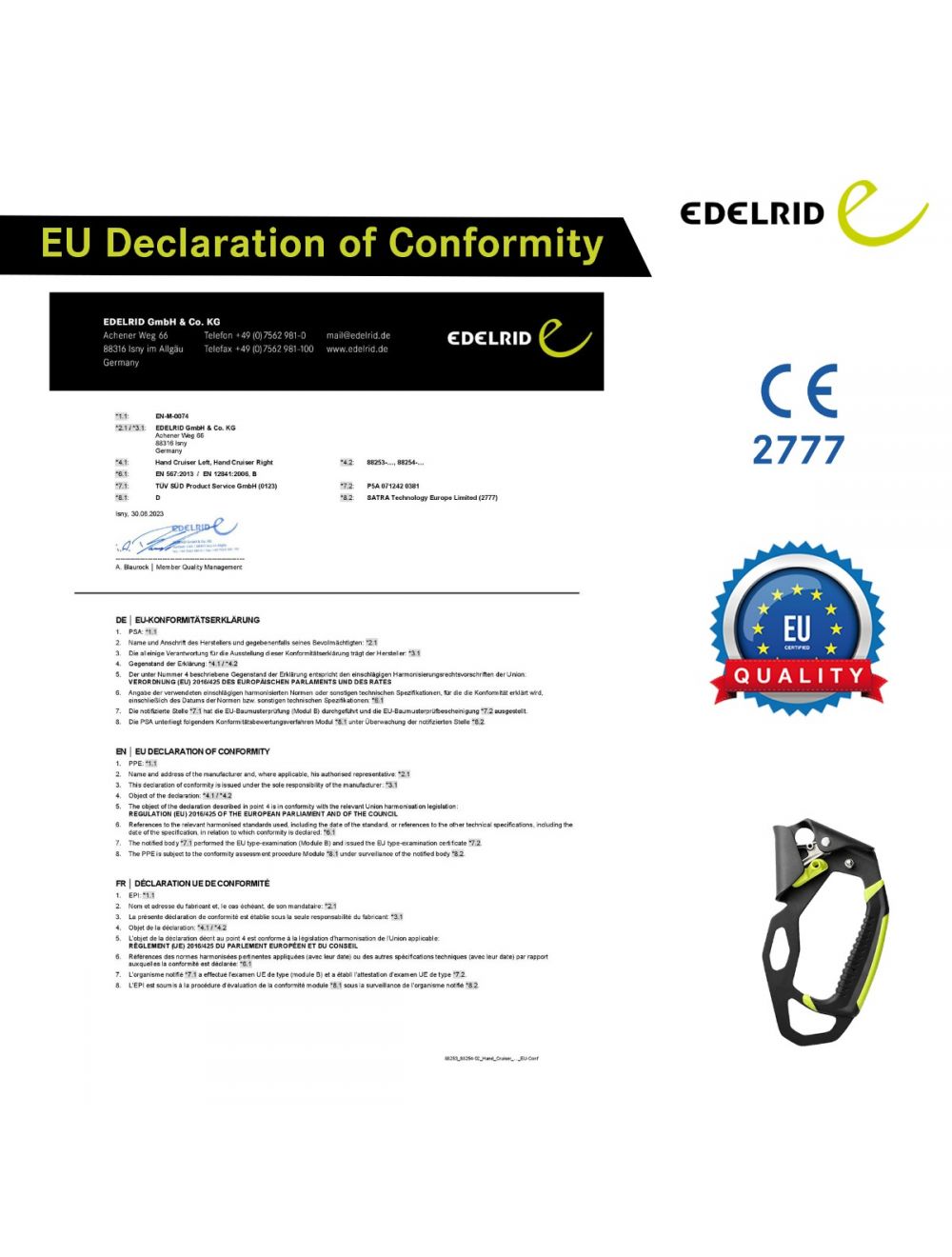 Edelrid Hand Cruiser Right Ascender for Vertical Rope Climbing