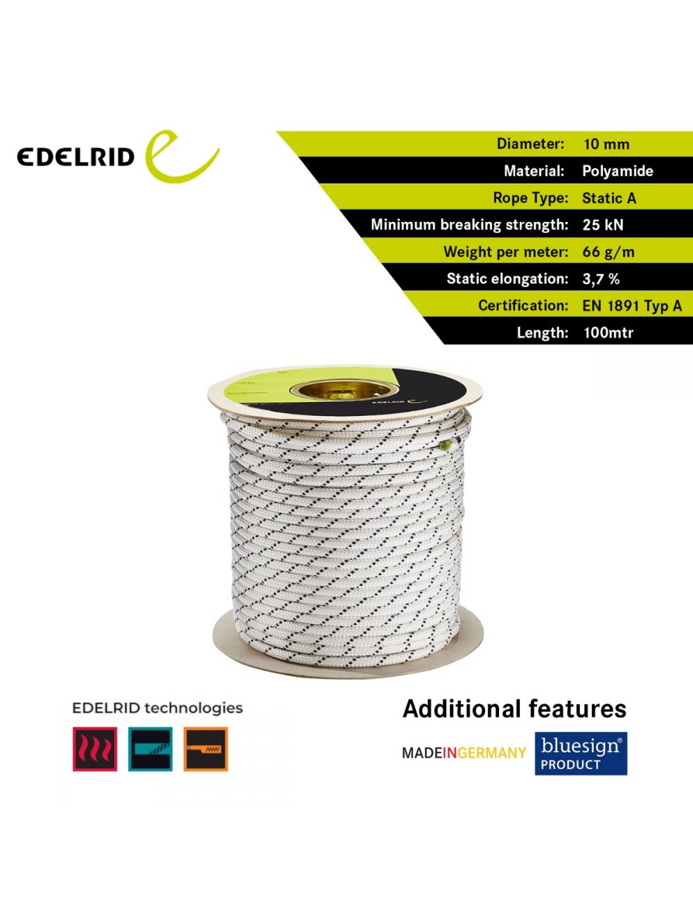 Edelrid Performance Static 10 mm 100 Mt Kernmantle Rope